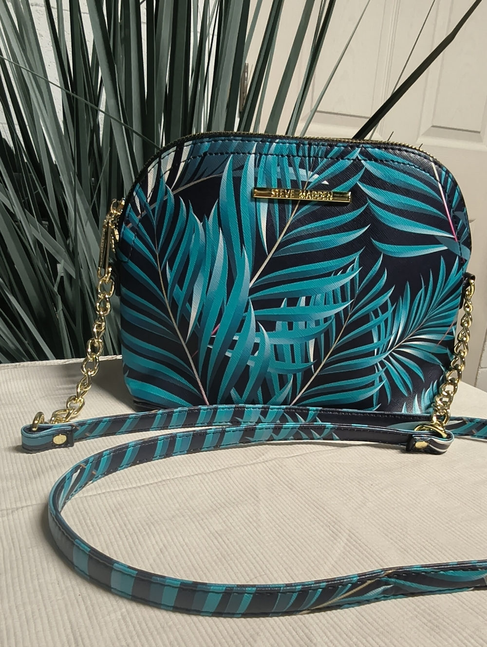 Steve Madden Teal Turquoise Palm Leaves Crossbody with Gold Chain